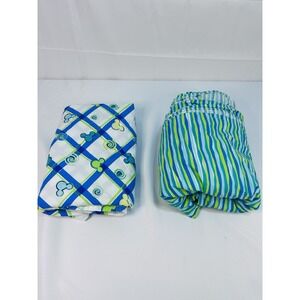 Vintage Disney Queen Flat Sheet & Bed Skirt Hidden Mickey Green Blue Aqua Cotton